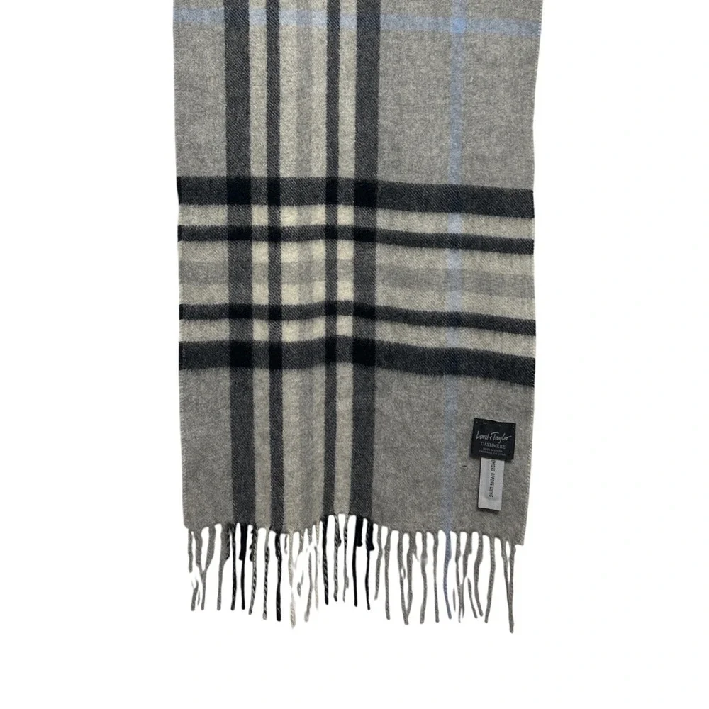Lord & Taylor Giant Check Cashmere  Scarf Gray‎ Black Blue Plaid Fringe Winter